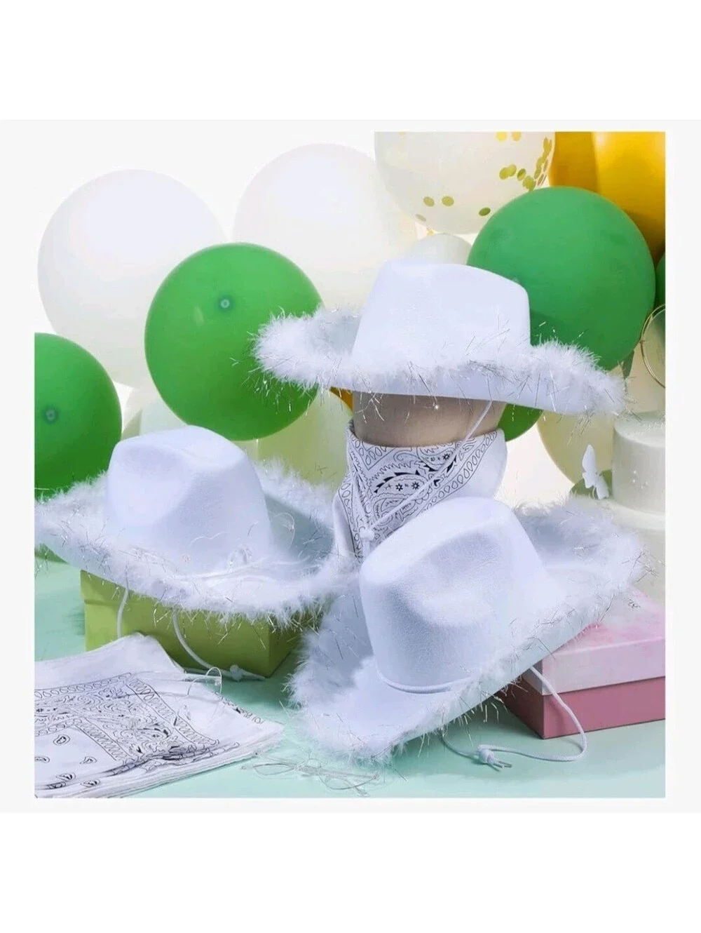 Feather Cowgirl Hat with Paisley Bandana & Heart Glasses 1-Set White